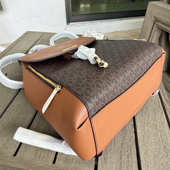 Michael Kors Phoebe Medium FLAP Drawstring Brown MK Travel School Backpack - Picture 11 of 16